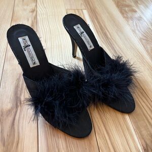 Vintage Black Marabou Feathers The Highest Heels Boudoir Satin Slippers Heels